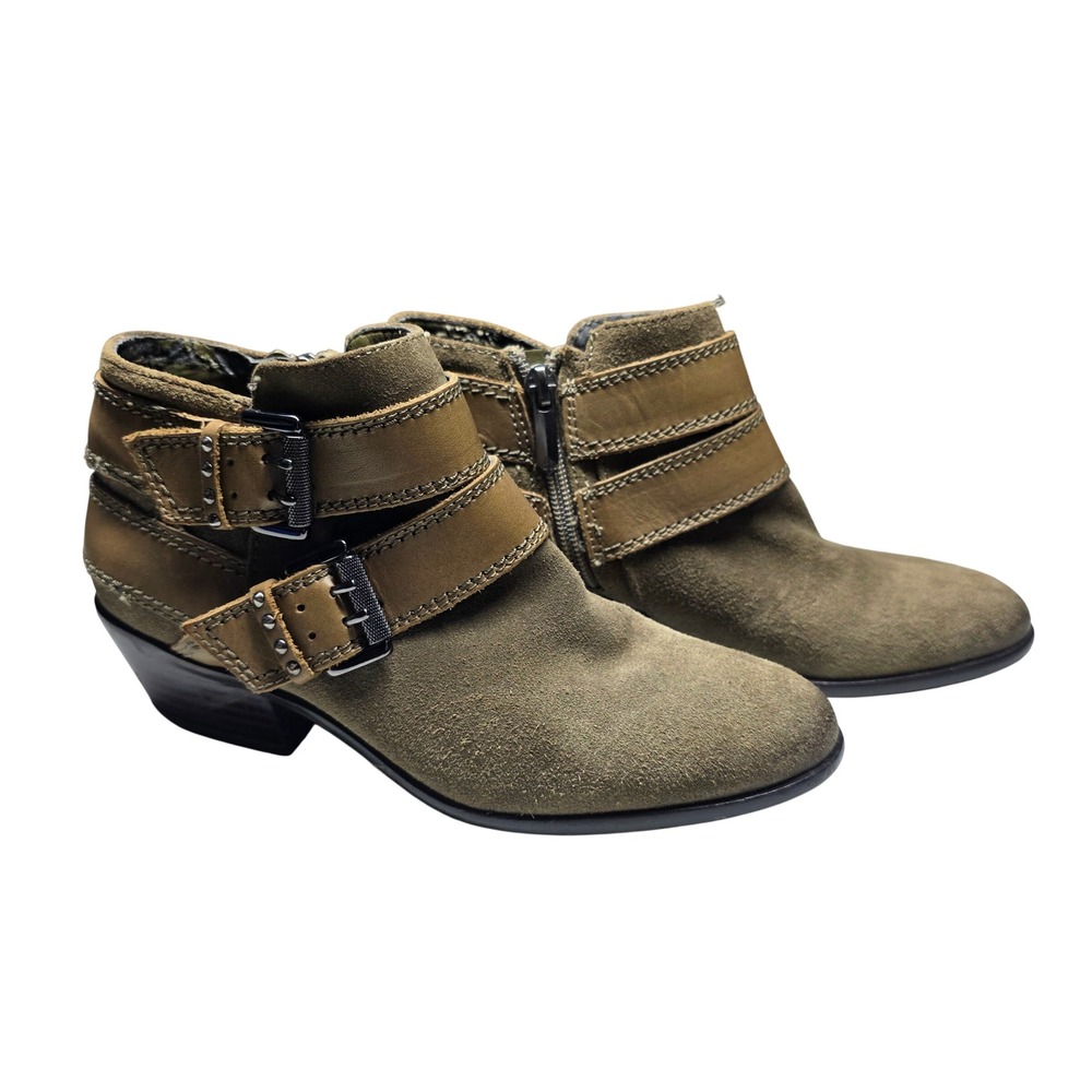 Sam Edelman Pippen Olive Green Suede Leather Moto Ankle Boots Sz. 4M Buckle Boho